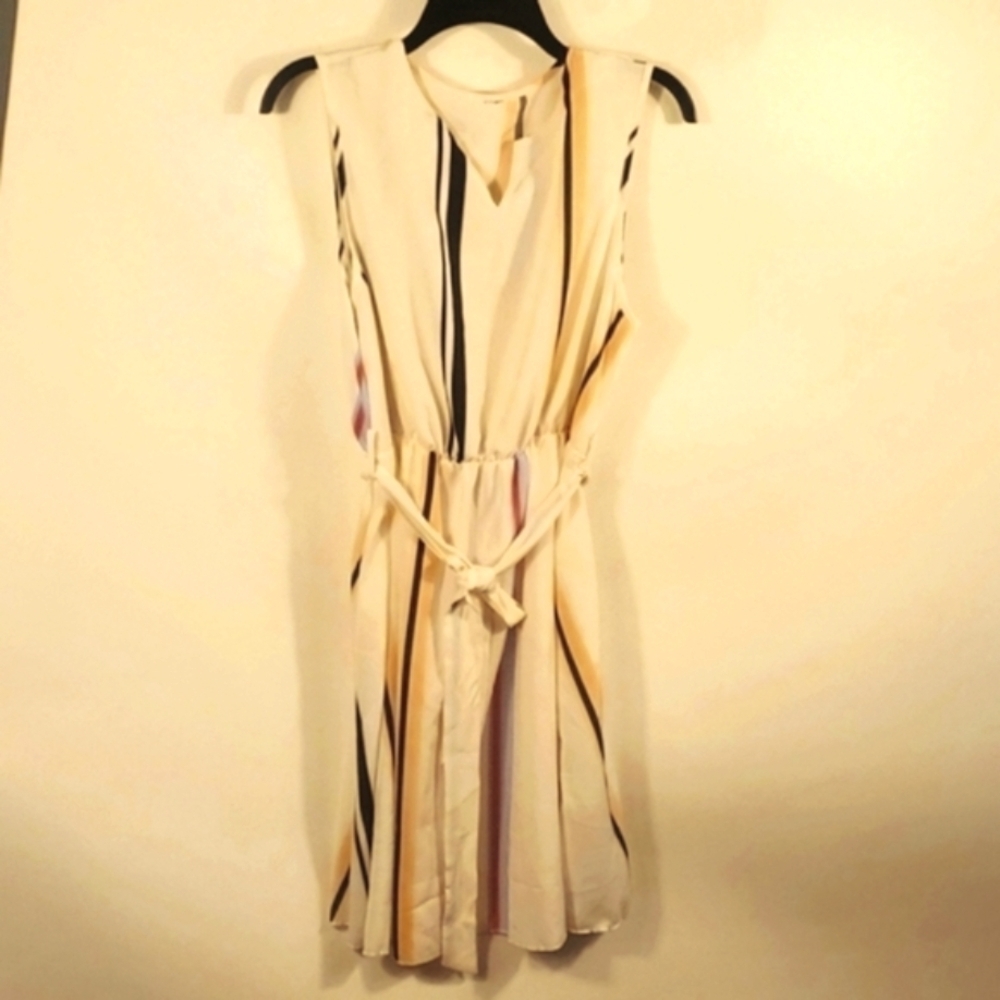 Size Large Cream/Ivory Striped Summer Dress with Tie Belt